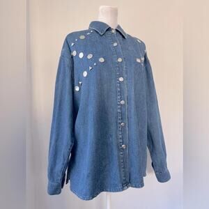 Vintage ‘90s Cedars Embellished Denim Relaxed Fit Long Sleeve Button Down Shirt
